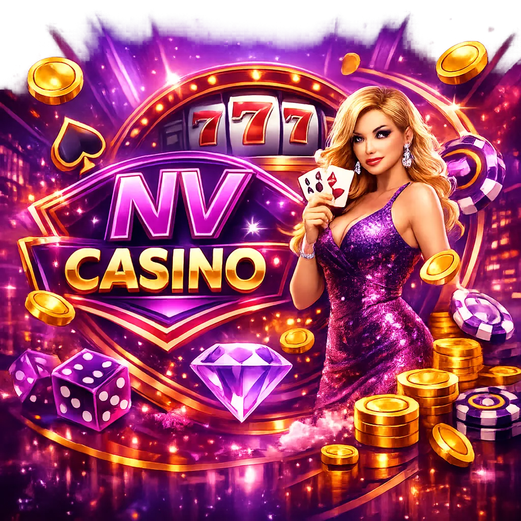 Dynamic promotional image for NV Casino brand featuring purple-magenta neon and stylish iGaming atmosphere.