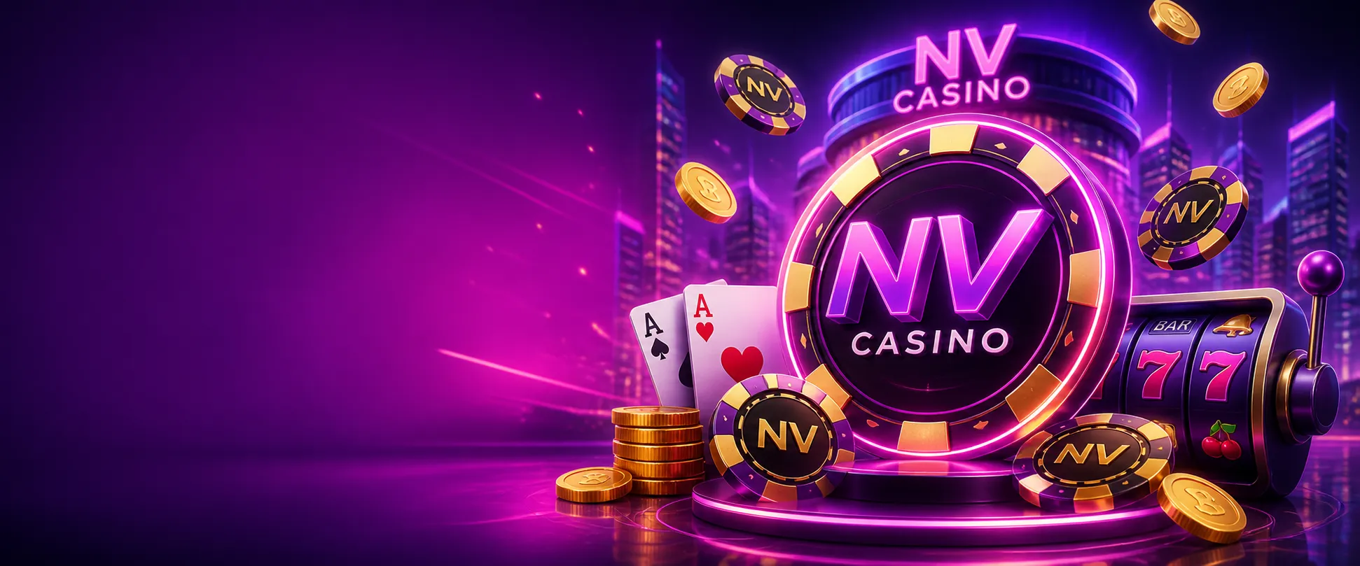 Bright and dynamic NV Casino promotional banner with purple-magenta neon, luxury glow, and stylish gaming elements
